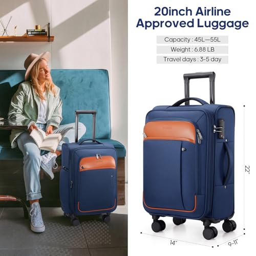 UKEIN Softside Expandable Carry On Luggage 22x14x9 Airline Approved, 20 Inch Suitcase with Wheels & TSA Lock, Travel Suitcase with 4-Piece Packing Bags for Women Men