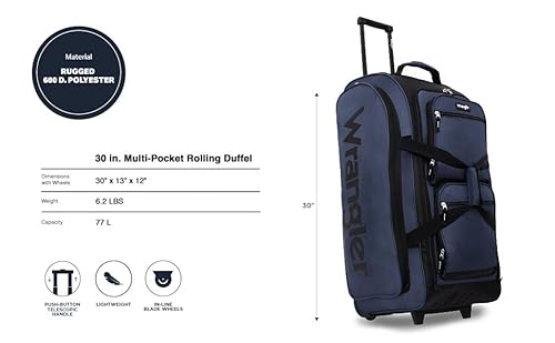 Wrangler Wesley Rolling Duffel Bag, Navy Blue, Large 30-Inch