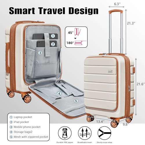 KEYTANG Explorer 20 Inch Carry On - Hardshell Suitcases with Front Pocket, White Brown