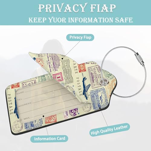 Travel Stamp Luggage Tags for Suitcase,2 Pack Retro Passport Carte Postale Luggage Tag Leather Privacy Cover ID Label with Stainless Steel Loop for Women Men Kids Girls