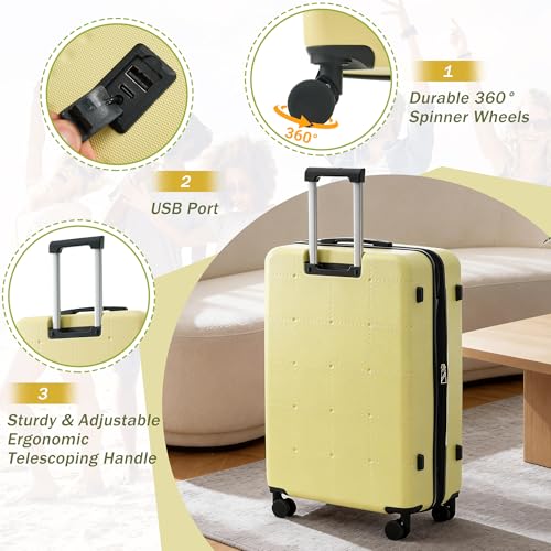 Merax Hardside Luggage Set 5 Piece with Bags,20IN Half-opening Carry on Luggage with USB Port, Expandable 24IN 28IN Luggage with Double Spinner Wheels TSA Lock, Yellow