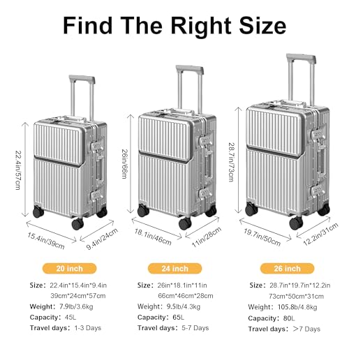 AIWEINY Zipperless Luggage, 22.4" x 15.4" x 9.4" Aviation Certified, Polycarbonate Aluminum Hardshell, Expandable Carry-On Luggage with Spinner Wheels, Hardshell Luggage, 20 Inch Cabin