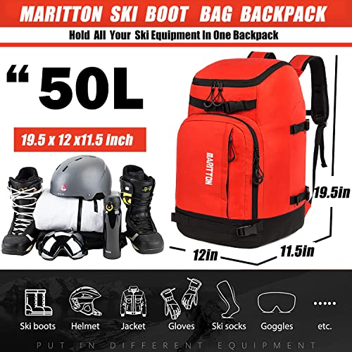 MARITTON Ski Boot Bag - Ski Boots and Snowboard Boots Travel Backpack for Ski Helmet, Goggles, Gloves, Skis, Snowboard & Accessories. (red)