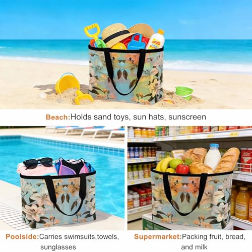 Watercolor Flower Mesh Beach Bag Tote Waterproof Sandproof,Lily Seasonal Botanical Blooms Summer Pool Bag Beach Essential