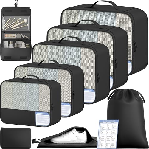 BAGAIL 9 Set Packing Cubes with Packing List Luggage Packing Organizers for Travel Accessories (Black)