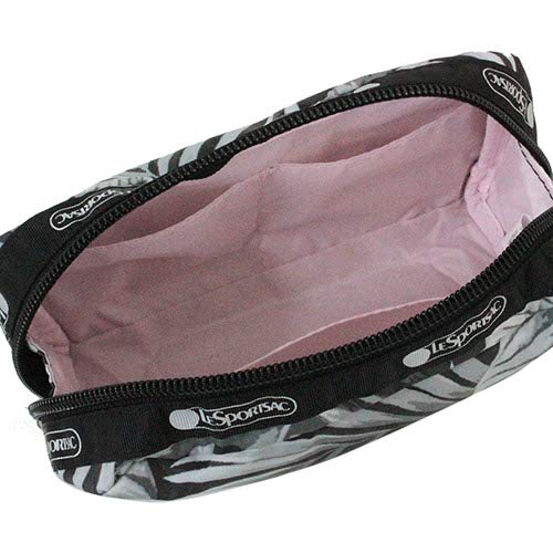 LeSportsac Aloha Twilight Hawaii Rectangular Cosmetic Bag Style 6511/Color K834, HAWAII EXCLUSIVE, ‘Aloha’ Printed in Purple/Pink Oversized Letters, Black, White & Grey Tropical Palm Fronds