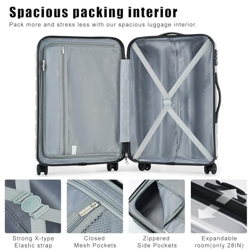 Coolife Luggage 3 Piece Set Suitcase Spinner ABS+PC Hardshell Lightweight TSA Lock USB Port, 20in 24in 28in Carry on Expandable (only 28’’), Silver