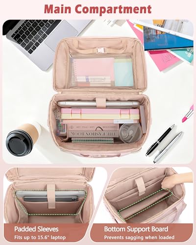 Marscamd Rolling Teacher Bag with Accordion File Organizer & 15.6" Laptop Compartment, Wheeled Work Briefcase Tote with Detachable Trolley & Crossbody Strap for Women, Pink