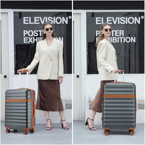Kono Medium Sized Checked Luggage, 24 Inch Expandable with Spinner Wheels, TSA Lock, ABS + PC Lightweight Travel Suitcase with Larger Capacity and Lighter Weight, Grey Brown