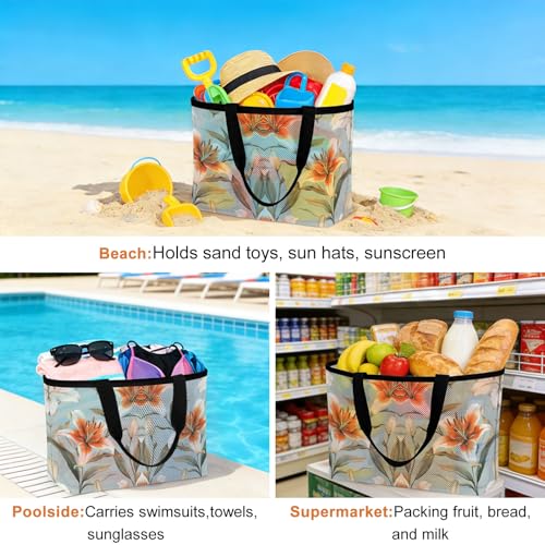 Lily Flower Mesh Beach Bag, Watercolor Country Blooms Spring Botanical Art Large Tote Bag for Swim Pool Beach Travel