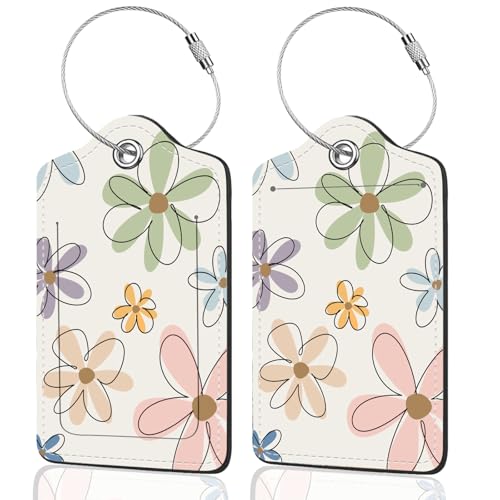 2Pack Luggage Tags for Suitcases, Cute Unique Pu Leather Cruise Luggage Tag with Privacy Cover ID Label Address Card and Metal Ring Suitable for Women Men Kids Travel Bag Linear Flower