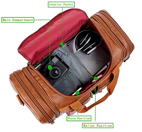 Vegan Leather Travel Duffel Weekender Bag Carry on Overnight Bag Sports Duffel bag For men and Women HB-21 (Brown)