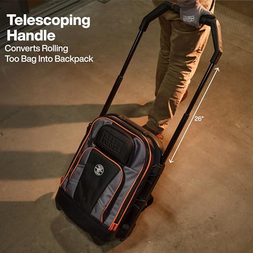 Klein Tools 55604 Rolling Tool Backpack, Tool Bag with 28 Pockets, Heavy Duty Retractable Handle, Large Storage Interior, 3-Inch Wheels