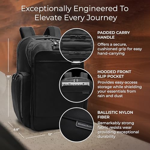 Briggs & Riley Traveler Backpack - Carry On Travel Backpack for Women & Men, Personal Item Travel Bag, Lightweight & Durable, Padded Straps, Fits up to 15" Laptop - Baseline Collection, Black