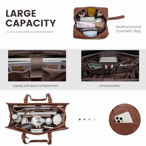 LOVEVOOK Laptop Tote Bag for Women,15.6 Inch Vintage Work Bag with Clutch,Large Leather Laptop Purse with Cup Holder for Teacher,Office