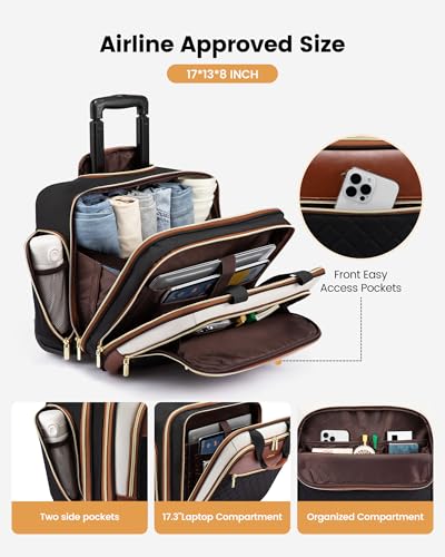 LOVEVOOK Rolling Laptop Bag Women, 17.3 Inch Laptop Briefcase with Wheels, Soft Sided Underseat Carry On Luggage Personal Item Suitcase for Work Travel Business, Black Brown Beige