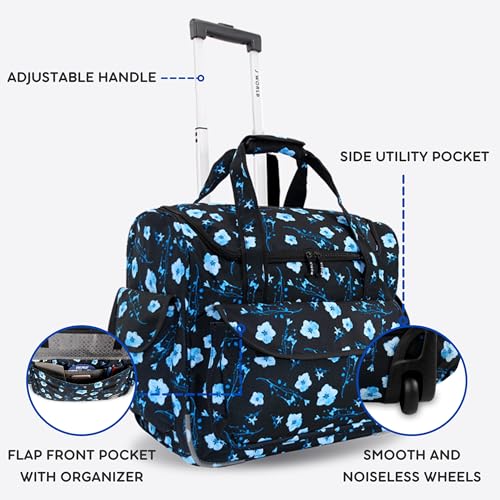 J World Donna Rolling Tote Bag on Wheels for Women. Roller Laptop Briefcase. Overnight Weekender Teachers Work, Night Bloom