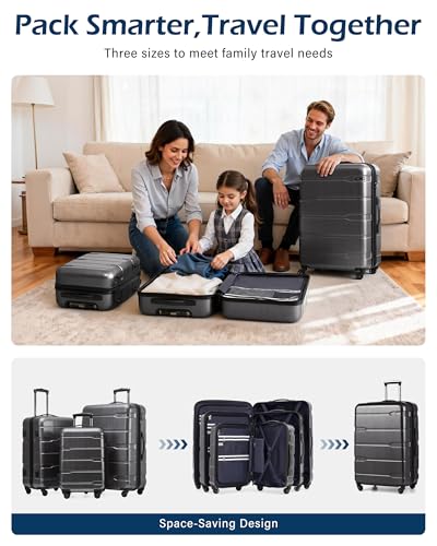 Coolife Luggage Set 3 Piece Hardside PC+ABS Suitcase with TSA Lock, Expandable Large Checked Luggage, Lightweight Rolling Carry On with Spinner Wheels(20/24/28 Inch, Charcoal)