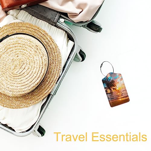 Tropical Palm Luggage Tags Set of 2 Leather Luggage Tags Privacy Cover Suitcase Label with Stainless Steel Loop for Women/Men Travel,Sunset Trees Sea Beach