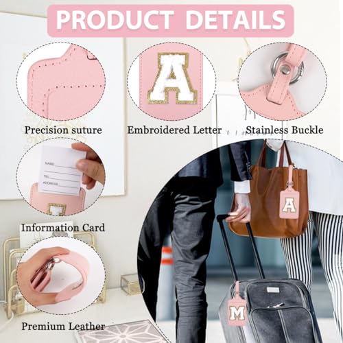 Personalized Initial Luggage Tags for Suitcases, Leather Chenille Letter Cute Luggage Tags with Privacy Name Card, Embroidered Travel Bag Backpack Tag Gifts for Women Kids Girls Teens(Pink-A)