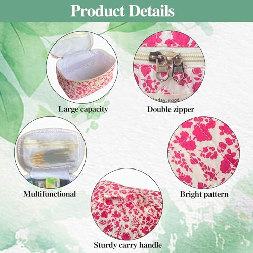 WYJ Rose Red Large Quilted Floral Makeup Bag Cute Soft Coquette Aesthetic Cosmetic Bag Cotton Travel Toiletry Bag for Women