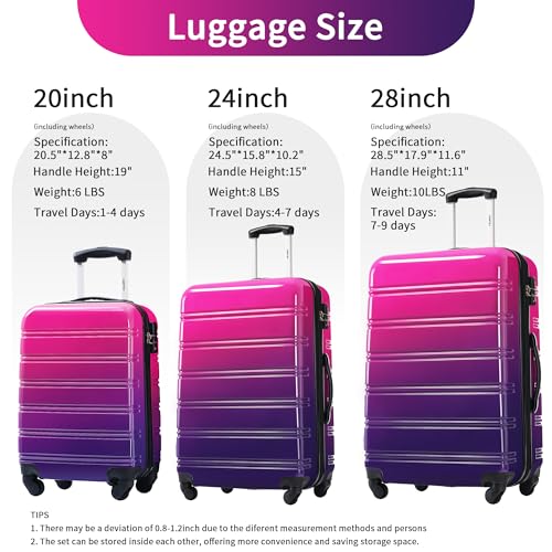 Merax Luggage Sets 3 Piece, Hardside Expandable Suitcase Set with Spinner Wheels, Lightweight Gradient Color Luggage 20+24+28 IN, Purple and Pink