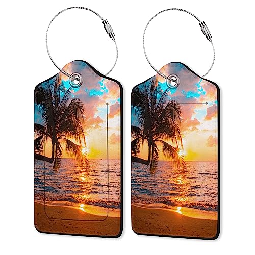 Tropical Palm Luggage Tags Set of 2 Leather Luggage Tags Privacy Cover Suitcase Label with Stainless Steel Loop for Women/Men Travel,Sunset Trees Sea Beach