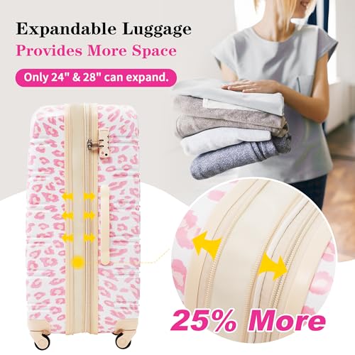 Merax 3 Piece Luggage Sets, Hardside Expandable Luggages Spinner Leopard Suitcase with TSA Lock Lightweight Rolling Carry on Luggage 20inch 24inch 28inch,Pink Leopard
