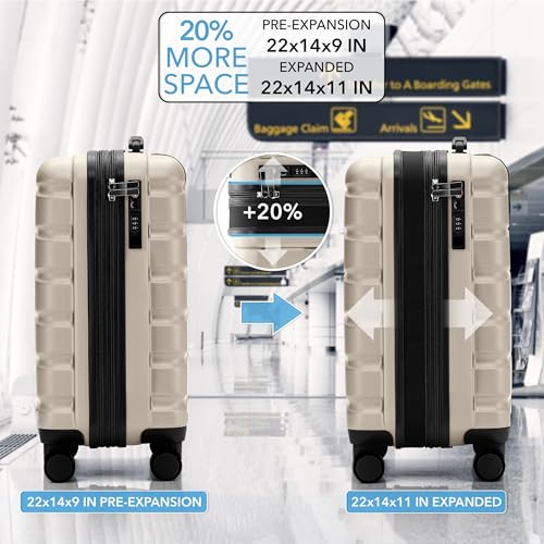 Flight Knight 22x14x9 Expandable Carry On Suitcase Hardside TSA Lock USB C Port Lightweight Luggage Silent Double Spinner Wheels Maximum Overhead Carry-On Bag American United Approved Champagne