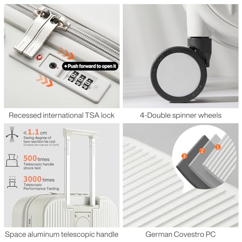 mixi Carry On Luggage with Cup Phone Holder Hard Shell Rolling Travel Suitcase with Spinner Wheels,20 Inch Smoke White