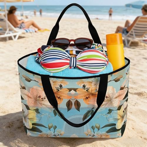 Watercolor Flower Mesh Beach Bag, Lily Seasonal Botanical Blooms Summer Large Tote Bag for Swim Pool Beach Travel