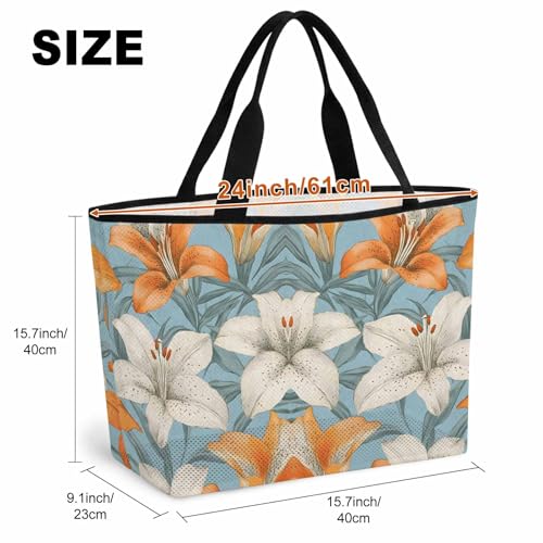 Lily Flower Mesh Beach Bag, White Orange Blooms Floral Watercolor Blue Large Tote Bag for Swim Pool Beach Travel