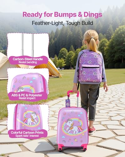 VEVOR Kids Luggage Set, 5 Piece, 18 Inch Hardside Rolling Wheels Suitcase with Backpack & U-shape Pillow, Unicorn Kids Carry on Luggage Set, Holiday Birthday Gift for Girls Boys, Airline Approved