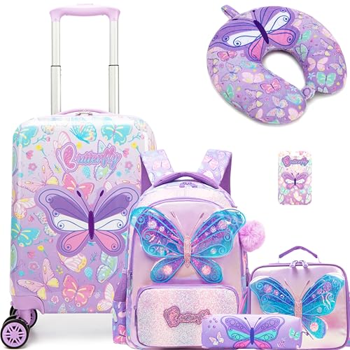 Inprof Kid’s Luggage Set 5 Piece Suitcase Set 16’’ Hardside Luggage with Spinner Wheels Girls Carry on Toddler Travel Rolling Suitcase Carry on Luggage Airline Approved