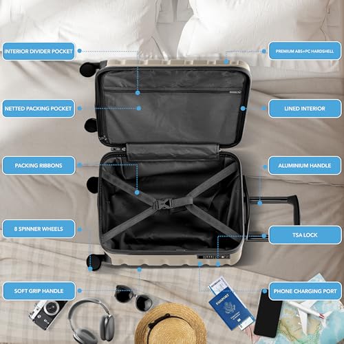 Flight Knight 22x14x9 Expandable Carry On Suitcase Hardside TSA Lock USB C Port Lightweight Luggage Silent Double Spinner Wheels Maximum Overhead Carry-On Bag American United Approved Champagne