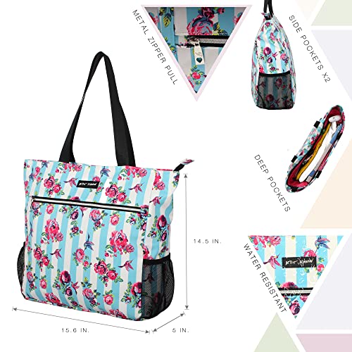Betsey Johnson 15.6 Inch Zipper Beach Tote Bag Lightweight Large Durable Polyester with Mesh Side Pockets for Gym Work, Hummingbird Floral
