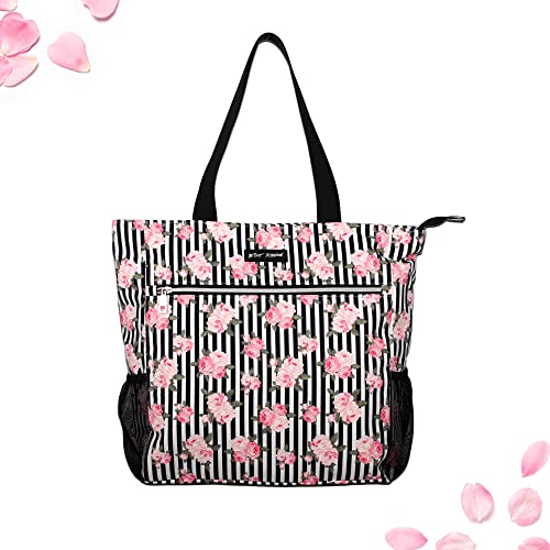 Betsey Johnson 15.6 Inch Zipper Beach Tote Bag Lightweight Large Durable Polyester with Mesh Side Pockets for Gym Work, Stripe Roses