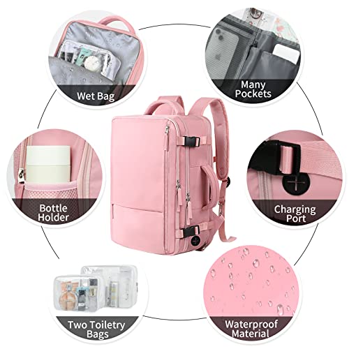Hanples Carry on Travel Backpack for Women, Large 40L Personal Item Luggage Backpack,17inch Laptop Backpack TSA Flight Approved, Travel Essentials Casual Daypack with 2 Toiletry Bags (Pink)