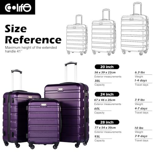 Coolife Luggage 3 Piece Set, Lightweight Durable Hardshell Suitcase set with 360° Spinner Wheels, TSA-approved Lock, Checked Family Travel Luggage sets, 20/24/28 Inch, Purple