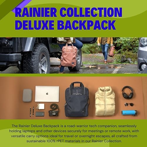 Skyway Luggage Rainier Deluxe Backpack, Eco-Friendly, Made of 100% rPET Travel Laptop Bag for Women & Men, Flight Approved Carry On Backpack, 17L, Crater Black