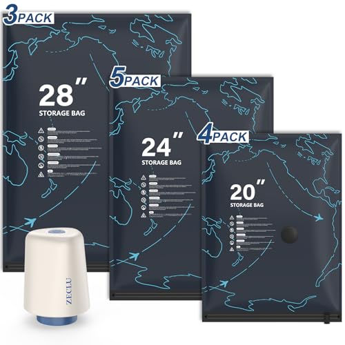 Zeclu 12 Pack Travel Vacuum Bags with Rechargeable USB-C Pump, Compression Space Saver Bags for Luggage & Suitcase, Pack More Clothing for Flight & Cruise Essentials (3 Sizes S/M/L)