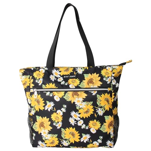 Betsey Johnson 15.6 Inch Zipper Beach Tote Bag with Cosmetic Pouch Lightweight Large Durable Polyester with Mesh Side Pockets for Gym Work, Sunflowers