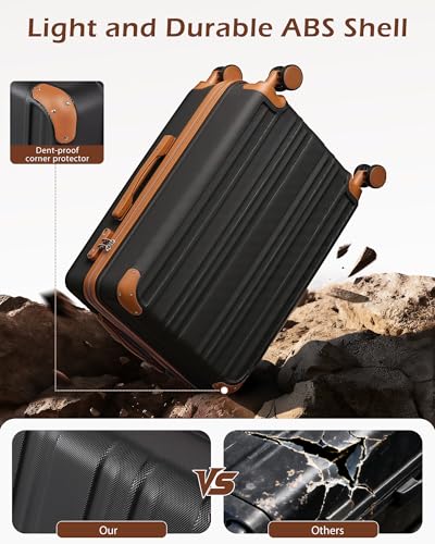 Coolife Luggage Expandable(only 28") Suitcase PC+ABS Spinner 20in 24in 28in Carry on (apricot black, L(28in))