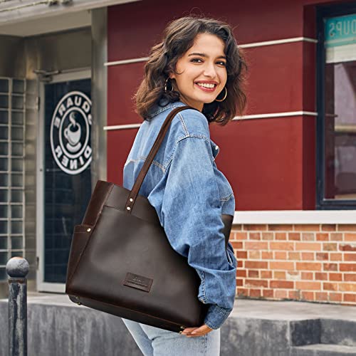 S-ZONE Genuine Leather Tote Bag Large Shoulder Purse Work Vintage Handbag for Women-dark brown