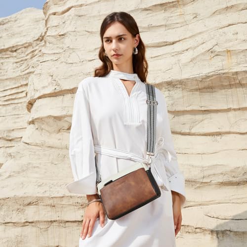 BOSTANTEN Small Crossbody Purse for Women Triple Zip Cell Phone Leather Shoulder Handbag with Wide Guitar Strap Brown with Black