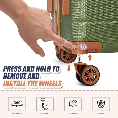KUNEL Luggage Sets 5 Piece Hardshell Suitcase Sets with Detachable Spinner Wheels, ABS Carry on Luggage with TSA Lock,Travel,Armygreen（20/24/28 Inch