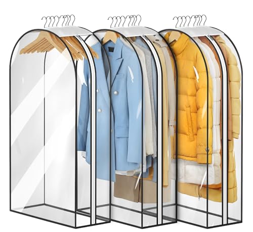 MISSLO 10" Gusseted All Clear Garment Bags for Hanging Clothes 3 Packs 40" Suit Bags for Closet Storage Hanging Clothes Storage Suit Cover for Shirts, Coats, Dresses
