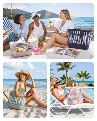 BAGSMART Beach Bag for Women, Mesh Tote Bags with Zipper, Sandproof Vacation Essentials with Cooler for Swim Cruise Pool, Green