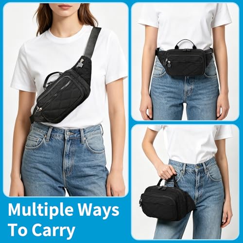 Quilted Fanny Pack for Women, Lightweight Puffy Crossbody Sling Belt Bag with Adjustable Strap, Multi-Pocket Dual Zipper Waist Purse for Travel Running Casual Daily Use (Black)