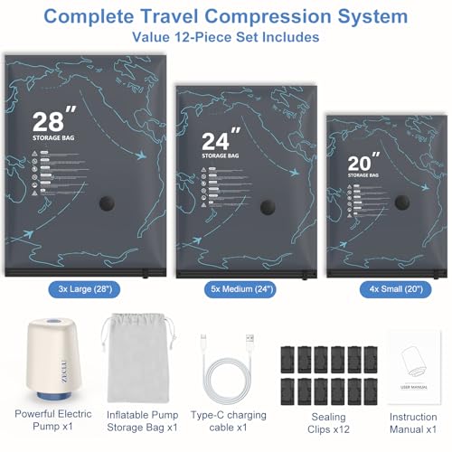 Zeclu 12 Pack Travel Vacuum Bags with Rechargeable USB-C Pump, Compression Space Saver Bags for Luggage & Suitcase, Pack More Clothing for Flight & Cruise Essentials (3 Sizes S/M/L)